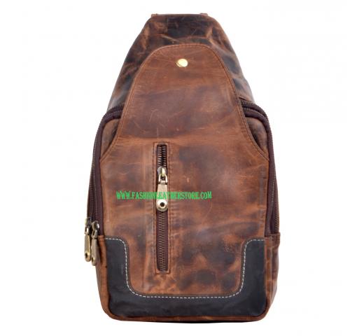 Vintage Crazy Horse Leather Sling Chest Mens Backpack  Messenger Bag